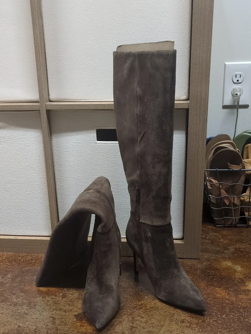Women's Nine West Knee-High Pointed Toe Suede Boots - Taupe